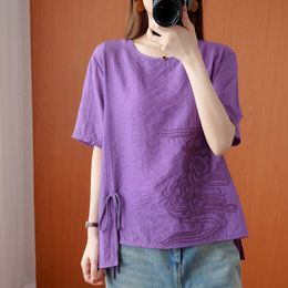Women Cotton Linen T-shirts New Arrival Summer Vintage Style Floral Embroidery O-neck Loose Female Casual Tops Tees S2801 210412