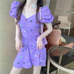 Lady Fashion Short Puff Sleeve Chiffon Dress Female Elegant Slim Ins Summer Vestido Feminino P012 210527