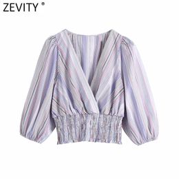 Women Vintage Cross V Neck Colourful Striped Print Short Slim Blouse Female Puff Sleeve Shirt Chic Chiffon Tops LS9136 210420