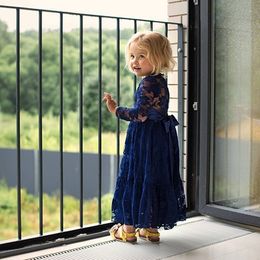 Girl Sweet Flower For Age 2-12 Baby Kids Princess DarkBlue Wedding Party Full-length Prom Dress Big Bow Long Sleeved Lace Dress Q0716