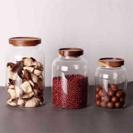 tea coffee storage containers UK - Wood Lid Glass Transparent Kitchen Storage Bottles Jars Food Container Grains Tea Coffee Beans Candy Jar Containers 210903