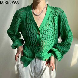 Korejpaa Women Sweater Summer Korean Chic Temperament V-Neck Hollow Perspective Loose Single-Breasted Puff Sleeve Cardigans 210526