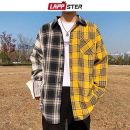 LAPPSTER Men Oversized Cotton Plaid Shirt Man Hip Hop Patchwork Button Up Long Sleeve Shirt Couple Korean Harajuku Clothing 210708