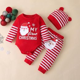 Christmas Girl Boy Clothing Set Letter Print Romper + Stripped Pants+Hat Autumn Cotton Soft Kids clothes Three Piece sets 0-24 months