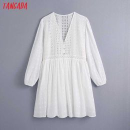 Tangada Women Embroidery Romantic Cotton Dress Long Sleeve V Neck Females Vintage White Mini Dresses Vestidos CE186 210609