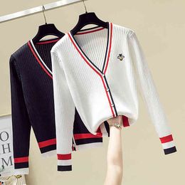 JXMYY Autumn embroidered bee loose long-sleeved V-neck sweater women cardigan striped all-match sweater jacket tide 210412