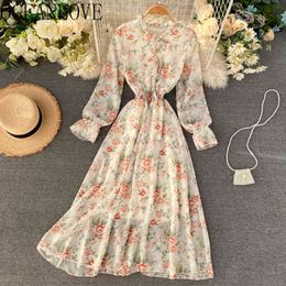 Korean Sweet Flroal Party Dresses Spring Chiffon Print High Waist Women Dress Ruffles A-line Vestidos 13991 210415
