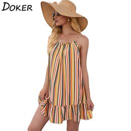 Summer Women Sling Dress Stripe Contrast Colour Patchwork Ruffle Hem Sleeveless Mini Casual Loose Beach Sundress 210604