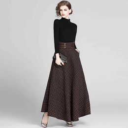 Autumn Winter Two Piece Women Turtleneck Black Knitted Pullover Sweater + Bandage Lace-up Plaid Wool Maxi Skirt Set 210416