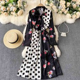 Spring Fashion Temperament French Vestidos Female Wave Dot Contrast Color Stitching Bow Print Midi Dress C392 210507