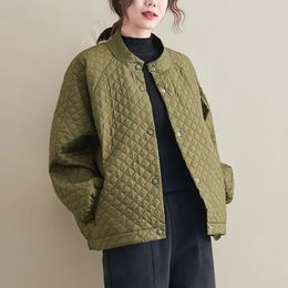 Women Loose Casual Quilted Jackets New Autumn Winter Vintage Simple Style Stand Collar Loose Female Outerwear Coats S2762 210412