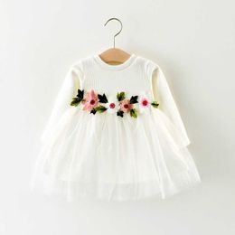 2021 Spring Girls Flower Long Sleeve Knit Tulle Tutu Dress Baby Kids Clothing Toddler Baby Girls Party Wedding Princess Dresses Q0716