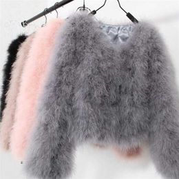 sexy Ostrich wool turkey real fur women black coat genuine feather short plus size 5XL,7XL winter festival long sleeve jacket 211220