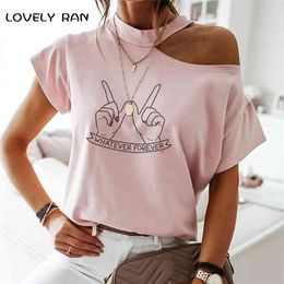 100% Cotton Women Tshirt Short Sleeve Cold Shoulder Art Print Aesthetic Halter T-Shirt Female Tops Casual Streetwear Summer 210623