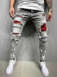 2020 New Ripped Skinny Jeans Men Grid Stretch Denim Pants Big Size European Hip-hop Casual Men jeans Casual pants X0621