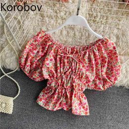 Korobov Floral Printed Chiffon Blouse Women Drawstring Lace Up Slim Waist Puff Sleeve Shirts Female Casual Short Tops Blusas 210430