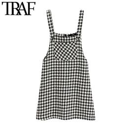 TRAF Women Fashion Houndstooth Tweed Pinafore Dress Vintage Sleeveless Pockets Straps Female Dresses Vestidos Mujer 210415