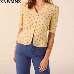 Fashion V Neck Women blouse Elegant Yellow Grandma Flower Bouquet Print top blouses T-shirt tops 210520