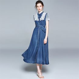 Women Long Denim Summer Dress Fashion Lace up Blue es Short Sleeve Patchwork Big Swing Female Vestidos 210520