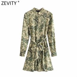 Women Vintage Green Leaves Print Single Breasted Casual Shirt Dress Office Ladies Chic Bow Tie Sashes Vestidos DS8318 210420