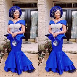 Royal Blue Aso Ebi Style Evening Dresses Mermaid Off Shoulder Lace Long Prom African Women Formal Party Gowns Plus Size