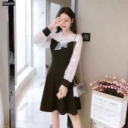 Casual Dresses 2021 Fall Basic Drawstring Bow Tie Shirt Dress Women Parchwork White Highstreet Autumn