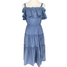 Pink Blue White Spaghetti Strap Cold Shoulder A-line Ruffle Midi Dress Japanese Sweet Summer D0905 210514