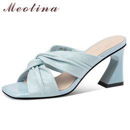 Meotina Women Shoes Pleated Genuine Leather High Heel Slippers Square Toe Strange Style Ladies Slides Summer Sandals Beige Blue 210608