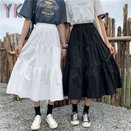 Spring Summer Midi Long Skirt For Girls Maxi High Waist Women Solid White Pleated Cake A-Line Skirts Clothes 210708