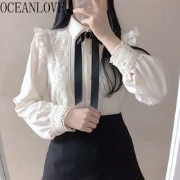 Spring Blusas Mujer Office Ladies Bow Sweet Lace Blouse Women Tops White Shirts Vintage Clothing 19679 210415