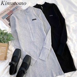 Kimutomo Vintage Slim Knitted Dresses Women Spring Korean Style Ladies O-neck Half Zipper Letter Print Mini Bodycon Dress 210521