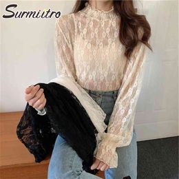 S-5XL Plus Size See Through Lace Mesh T-shirt Women Summer Korean Long Sleeve T shirt Woman Tees Female Tshirt 210421