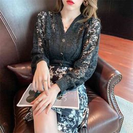 Fashion black all-match lace shirt long-sleeved slim top French cardigan + skirt temperament casual sale 210520