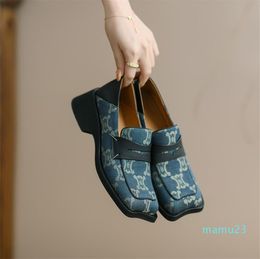 Dress Shoes Spring 2022 Cow Leather Splicing Floral Cloth Fashion Women Square Toe Platform All-match Pumps Woman Loafers Youth