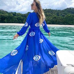 Super Quality Comfortable Fabric Wrinkle-free Blue Eyes Chiffon Tunic Sexy Beach Dress Women Wear Swim Suit Cover Up D3 210714