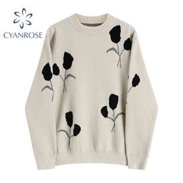 Vintage Knitted Sweater Women Long Sleeve Floral Pattern O Neck Pullover Oversize Fashion Casual Elegant Knit Sweater Tops 210417