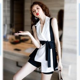 With Sashes Summer Work Office Clothing Set 2Pcs Women Spliced Blazer Blouses Tops And Short Pants Tracksuit SY158 Women's Tracksuits