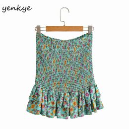 Floral Print Holiday Boho Skirt Women Elastic High Waist Hem Ruffle Mini Summer Cotton Jupe Femme 210430