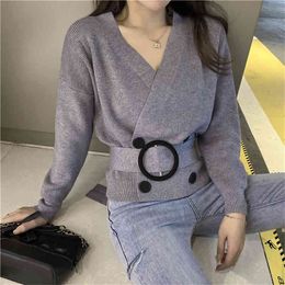 Women's gray V-neck slim knitted jumper sweater with belt woman sweaters and pullovers kobieta swetry 210520