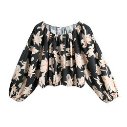 Fashion Flower Print Crop Blouses Shirt Women O-neck Three Quarter Sleeve Female Shirts Chic Tops Ladies Casual Clothing 210430