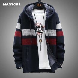 Winter Fleece Warm Sweater Men Hooded Cardigan Mens Striped Patchwork Slim Sweaters Coat Knitted Men's Christmas Jumper Clothing 211008