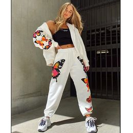 Fashion Two Piece Sports Sets Women's High Street Butterfly Printed Pants Hoodies Coat Casual Zip Up Long Sleeve Tracksuits 210515