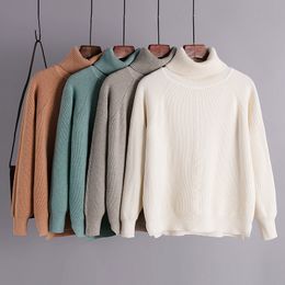 Turtleneck Knitted Sweater Women Casual Loose Long Sleeve Solid Jumper Autumn Winter Thick Warm Fashion Split Pullovers 210419