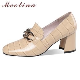 Meotina Chunky Heels Pumps Real Leather High Heel Women Shoes Metal Decoration Slip On Square Toe Lady Footwear Spring Nude 41 210520