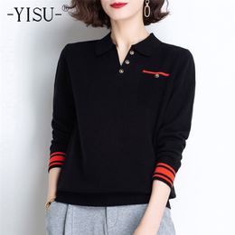 YISU Spring Women Sweater Lapel Pocket Fashion Knitted pullove Long sleeve stripe Female Casual Loose Jumper 211011