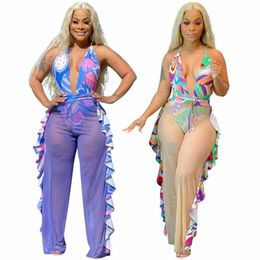 2 Piece Print Rompers And See Through Pants Sets Women Matching Sets Night Clubwear Bodycon Patchwork Two Piece Suits Outfits X0709