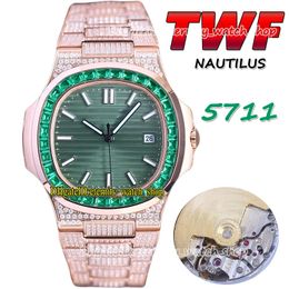 2022 TWF 5711 PP324 A324 Automatic Mens Watch Paved Diamonds Version Green Dial Square Diamond Rose Gold Bezel Stick Steel Bracelet eternity Super Jewelry Watches