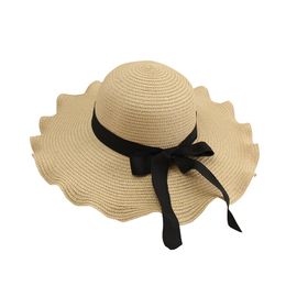 Summer Bowknot Women Straw Hat Outdoor Sun Protection Cap Simple Solid Color Caps Ruffle Wide Brim Hats