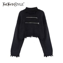 Loose Hole Short Sweater For Female Turtleneck Long Sleeve Patchwork Zipper Black Knitted Top Autumn 210524