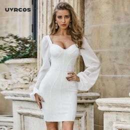 Winter Sexy Long Sleeve V Neck White Women Bandage Dress Elegant Evening Party Dress 210712